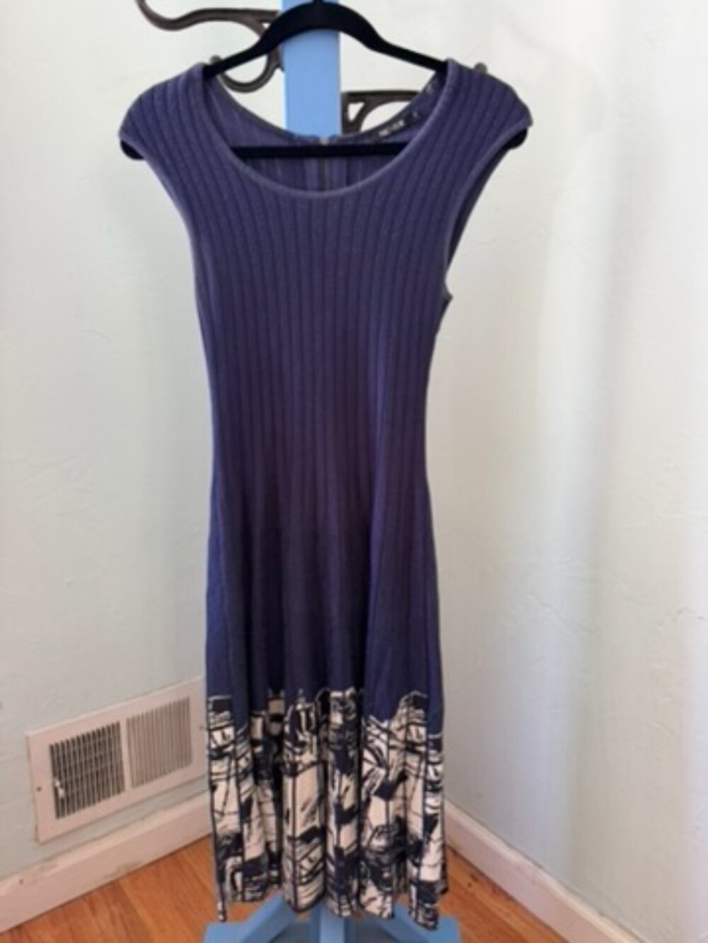 NIC+ZOE Navy Ribbed Knit Cap Sleeve Dress Printed Border Hem